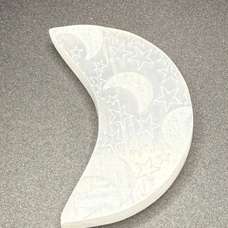 Selenite Gypsum Crescent Moon with Engraved Stars and Crescent Moons for Decorative and Spiritual Use