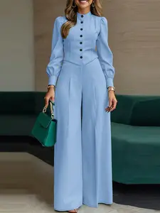 Women's Solid Color Set, Suits, Button Stand Collar Long Sleeve Crop Top + High Waist Pants Design, Casual Fashion for Daily Commuting Womenswear