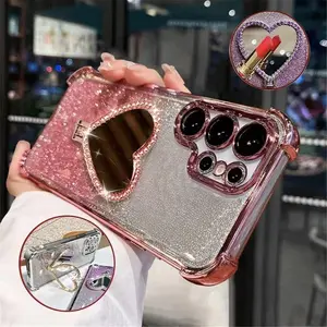 Glitter Heart Mirror Holder Stand Phone Case For Samsung S26 S25 S24 S23 S22 S21 Plus FE Ultra Edge Shockproof Silicone Cover