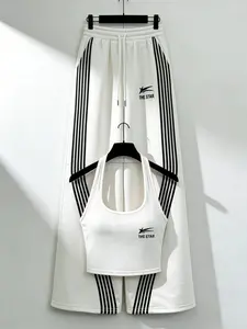 Summer Women Y2K Spice American Sportswear Set, 2026 New Halter Top + Wide Leg Pants Two-Piece, Striped Colorblock Design, Casual Streetwear, Athletic Tracksuit Set