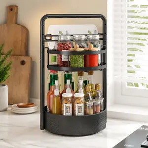 360° Rotating Spice Rack — Double-Tier Turntable Organizer with Industrial Style — Suitable for Kitchen Countertops and Cabinets — Features Integrated Paper Towel Holder — Versatile Kitchen Storage Tray — Black Bottom
