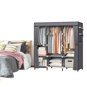 LOKEME Portable Closet, 61-Inch Portable Wardrobe with 3 Hanging Rods and 6 Storage Shelves, Non-Woven Fabric, Stable and Easy Assembly Grey Portable Closets for Hanging Clothes with Side Pockets