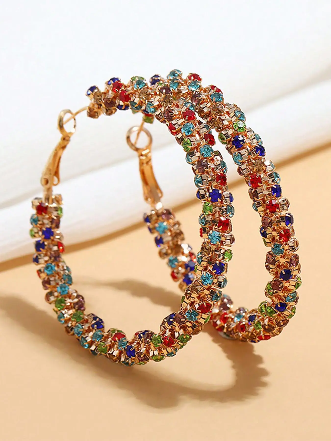Colorblock Rhinestone Decorated Hoop Earrings, Fashionable Earrings for Women, Daily Use, Trendy All-match & Exquisite Jewelry for Birthday Gift