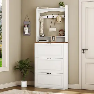 HOOBRO Shoe Storage Cabinet, Narrow Shoe Organizer with Coat Rack, Shoe Cabinet with 5 Hooks and 3 Flip Drawers, Hall Tree with 2 Open Storage Shelves, for Entryway, Hallway, White and Walnut#SpringSale #BigSpringSale