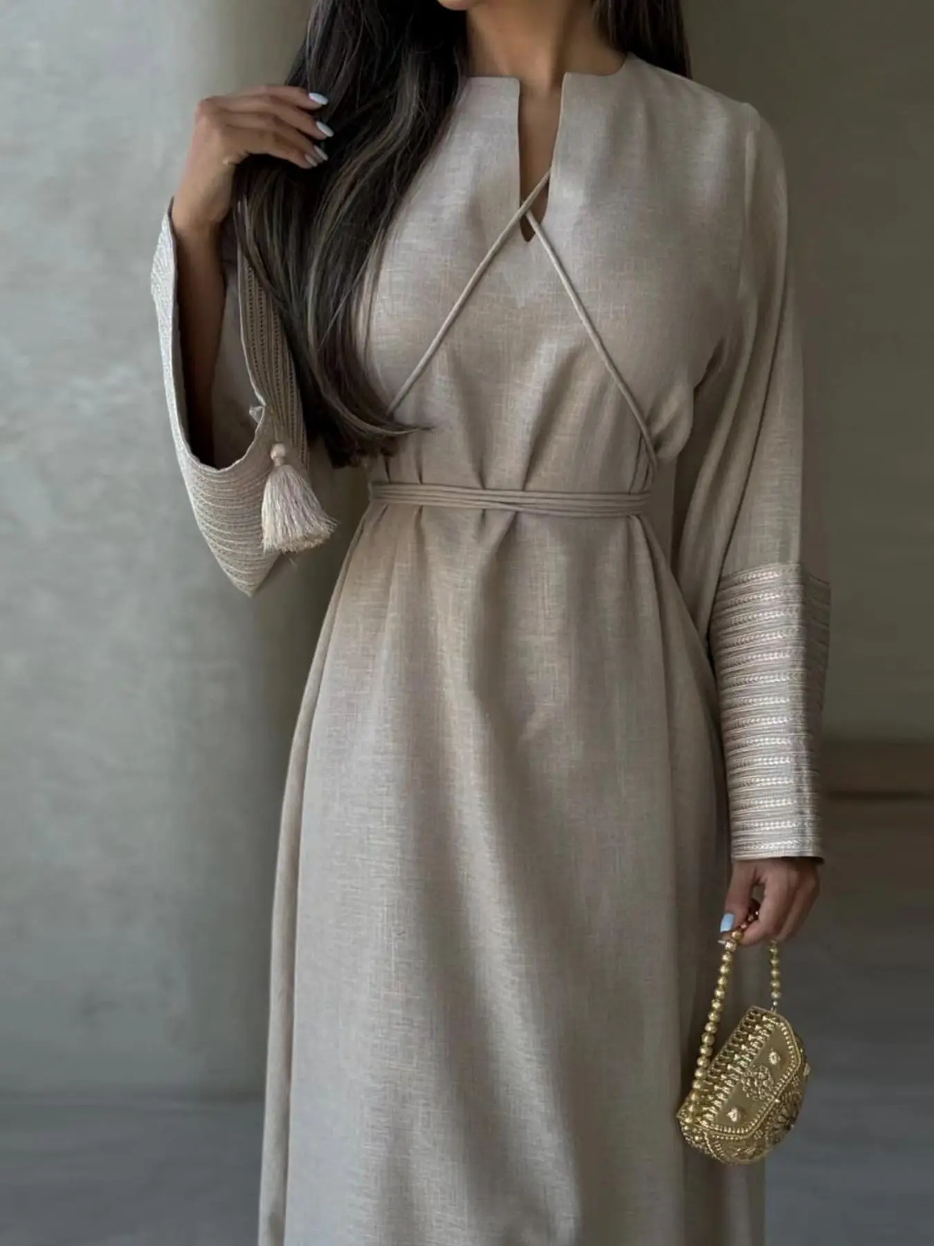 Women's Plain Embroidering Belted Notched Neck Dress, Elegant Flounce Sleeve A Line Long Dress for Vacation Holiday Party, Ladies Modesty Clothes for