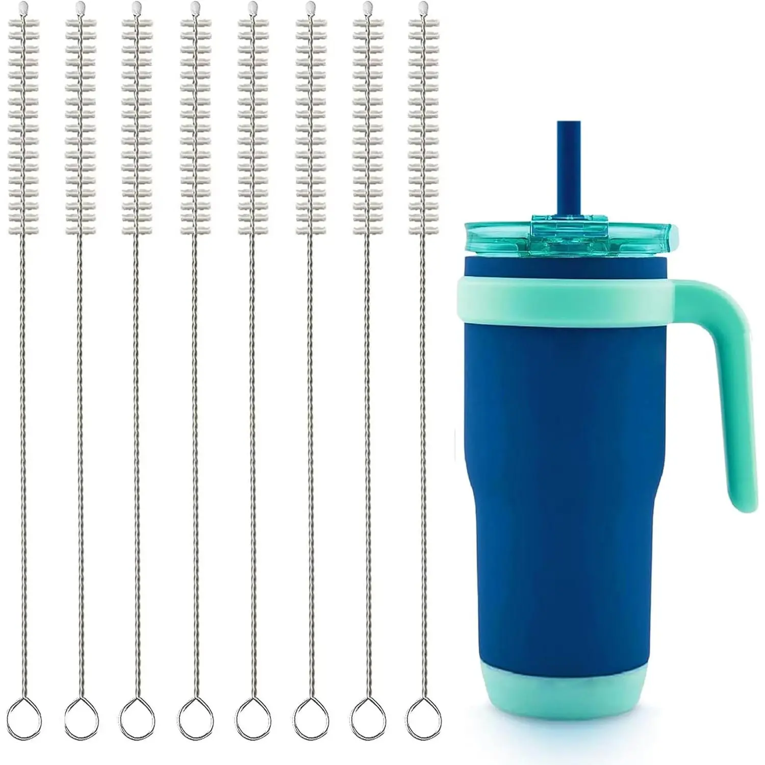 Straw Cleaner Brush Set 8-Pieces of Stainless Steel Nylon Bristles Cleaner Brush for Cleaning (16OZ- 30OZ), Straws, Water Bottles, Coffee Makers,Pet Water Fountain, Trachea Tube