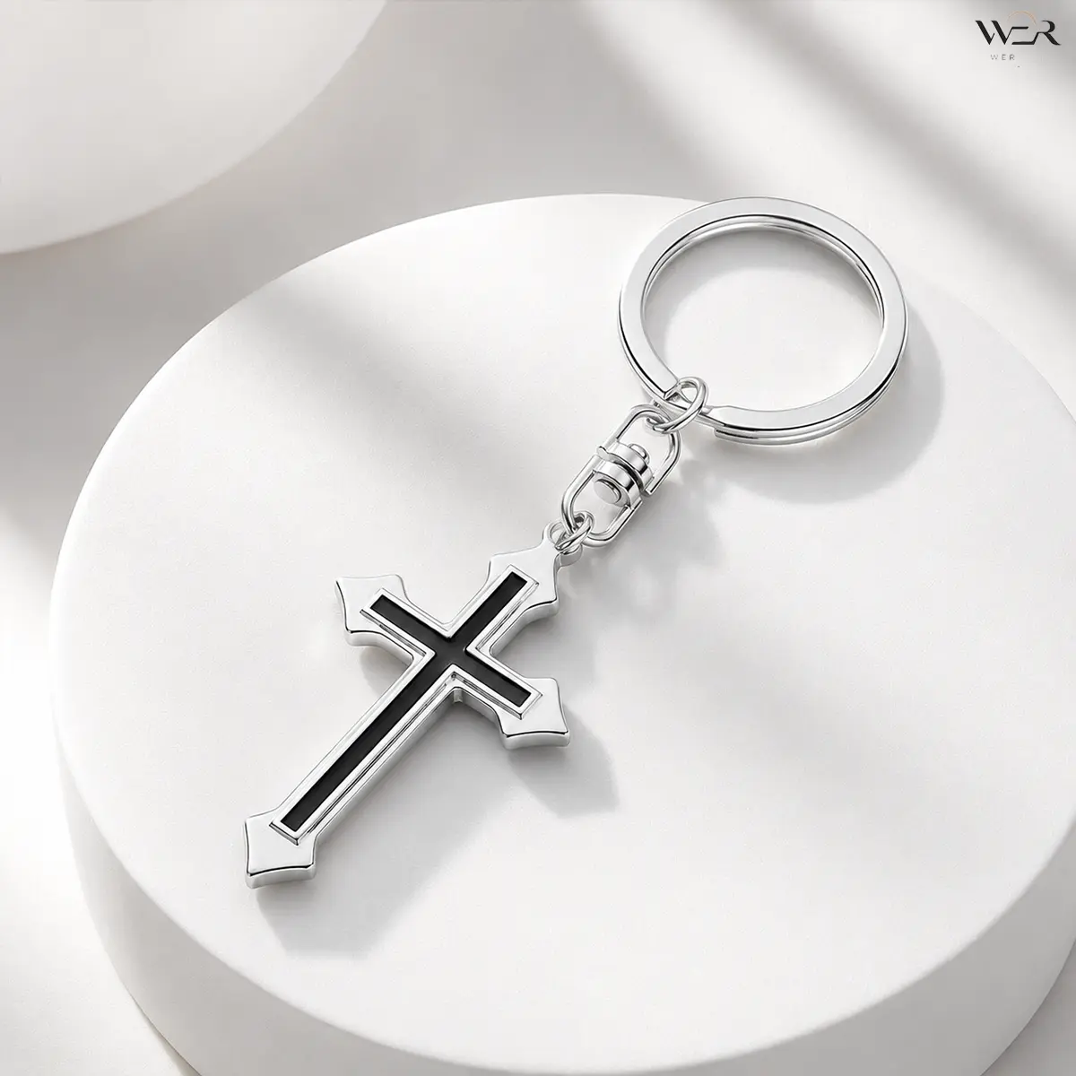Classic Cross Keychain for Men & Women, Christian Style Silver-Tone Metal with Black Inlay, Durable 360° Swivel Key Ring for Daily Use & Gifting, Classic Keychains, Cross Symbol Keychains
