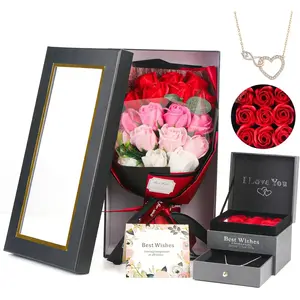Preserved Rose Bouquet 18 Flowers with Beautiful Love Necklace for Birthday Valentine's Day Mother's Day Thanksgiving Christmas Anniversary