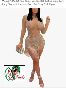 ShaCity Mesh Crystal See-Through Tassel Bodycon Dress Crew Neck, Irregular tassel Hem, Sparkly Sequin Crystal Rhinestons, Sheer  Long Sleeve Sexy Party Clubwear Hot Drilling Dress