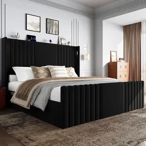 Queen Bed Frame with 55.1" Tall Headboard, Velvet Upholstered Platform Bed with Channel Tufted Wingback, 2 Reading Lights/Storage Shelf/Charging Station/Easy Assembly/Noise-Free