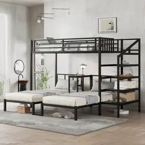 Metal Triple Bunk Bed with Stairs, Twin XL over Twin & Twin Bunk Beds for 3, Heavy-Duty Metal Frame, Triple Bunk Bed with Desk & Shelves, Space Saving/Noise Free, Black