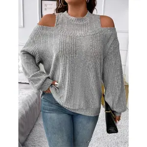Women's Plus Size Casual Solid Color Off-Shoulder Pullover Sweater, Comfortable and Stylish, Perfect for Daily Wear