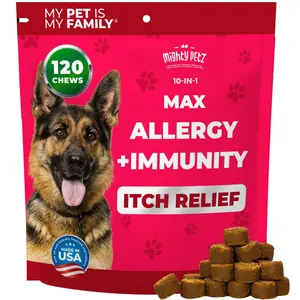 Mighty Petz MAX Dog Allergy & Itch Relief Chews with Colostrum, Probiotics, Plasma & Omega 3 Salmon Oil - 10-in-1 Anti Itch, Immune & Gut Support for Seasonal Allergies, Itching & Paw Licking - 120 Soft Chews, Vet Formulated, Made in USA