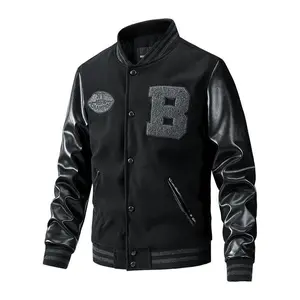 Pocket Button Front Varsity Jacket with Letter 'B' and Leather Sleeves Medium Size Classic Style for Casual Outings