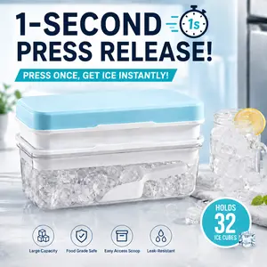 One-Press Easy Release Ice Cube Tray with Lid and Bin, 32-Count Silicone Ice Mold Set with Scoop, BPA-Free Stackable Ice Maker for Coffee Cocktails & Kitchen