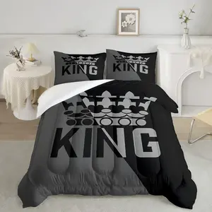Block King Crown 3-Piece Quilt Set, Filled Blanket & 2 Pillowcases Without Core, Simple Geometric Print, Easy Clean Fabric