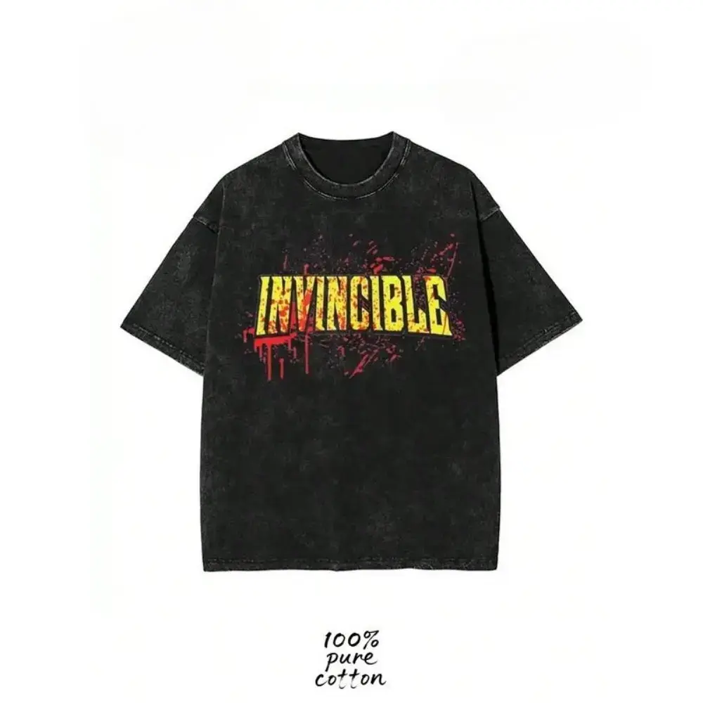 230g Washed Pure Cotton T-Shirt, MEN'S Casual Fashion, With Dark 'invincible' Text Print, Outdoor Sports T-Shirt | Loose Fit I Soft Knitted T-Shirt Menswear Sleeve