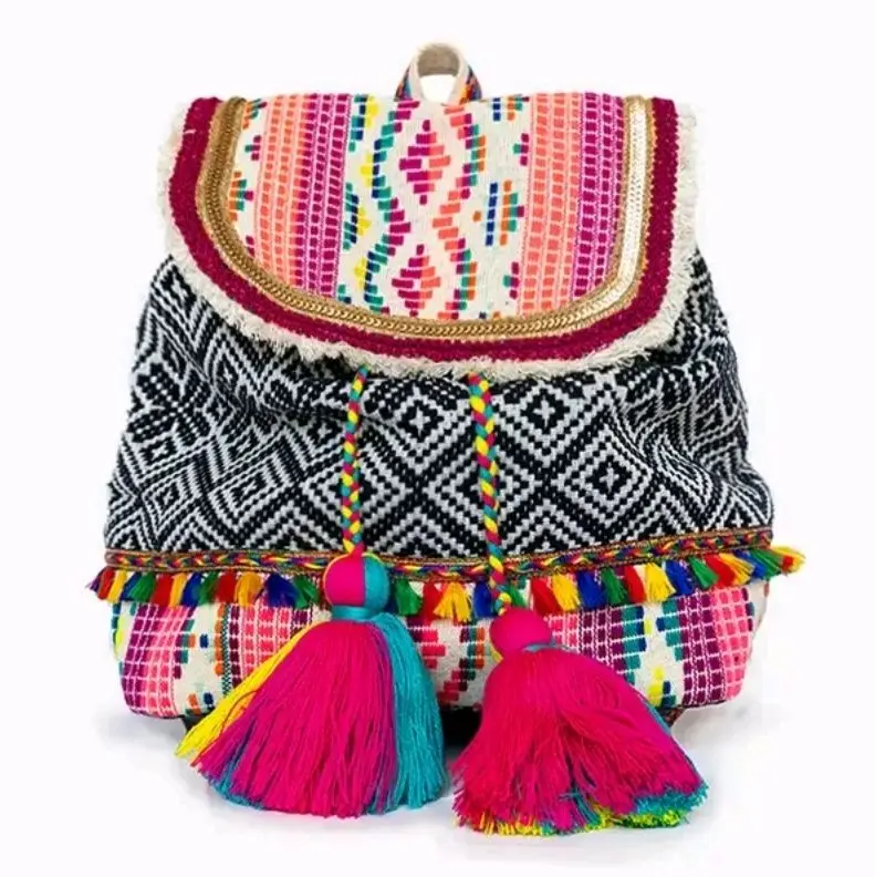 Boho Aztec Print Backpack with Tassel Tie