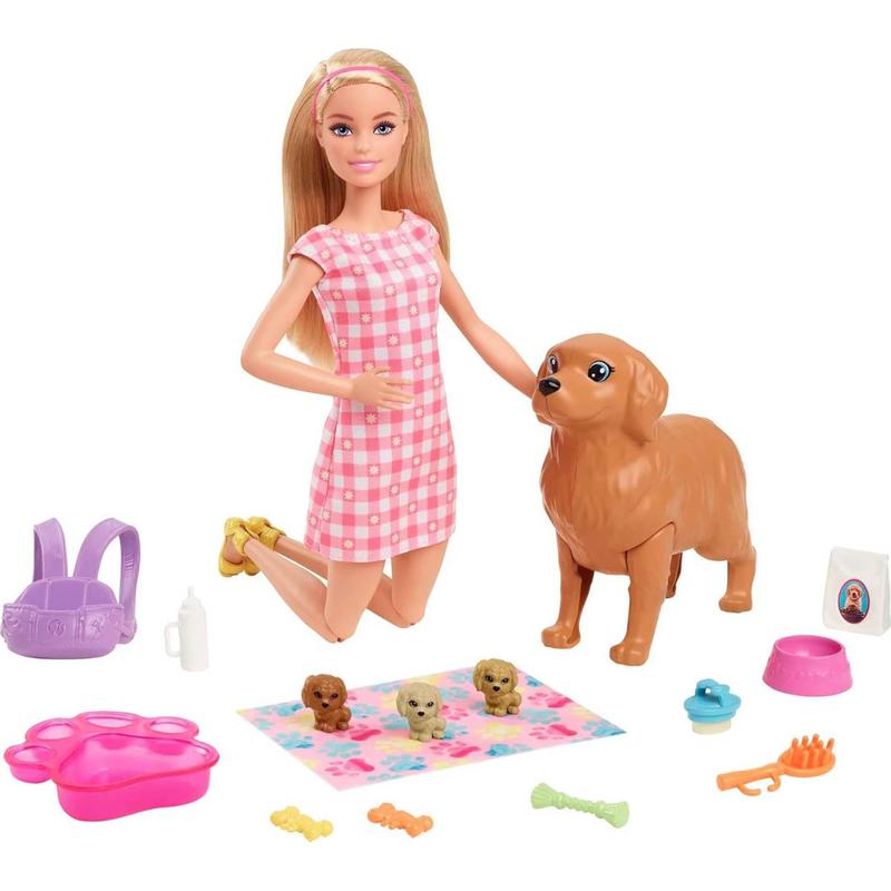 Barbie Doll & Pets Set, Blonde with Mommy Dog, 3 Newborn Puppies with Color-Change Feature & Pet Accessories