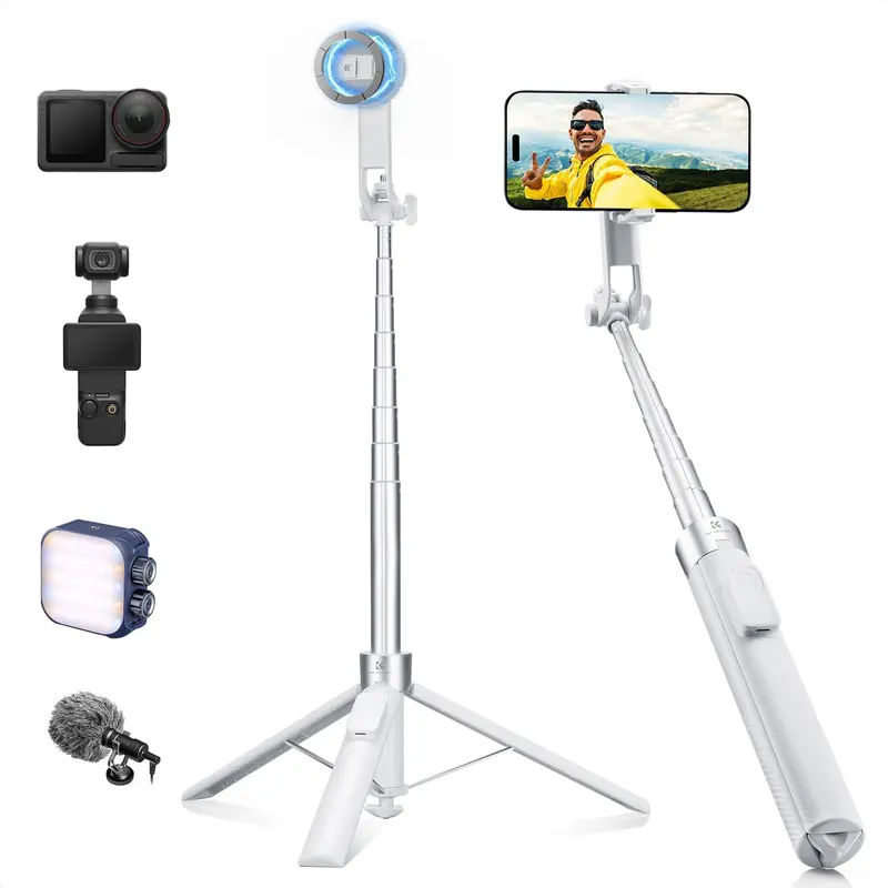 K&F CONCEPT 72-in Aluminum Mobile Tripod Mount, 3-in-1 Clip & Magnetic Selfie Stick with Remote & Ring, Smart Automatic Cellphone Stand, iPhone/Android Compatible (iPhone 17-12, 1/4-in Screw Accessories, White), Phone Videography, Bluetooth Remote, Hands