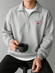 Men's Norway Logo Half-Zip Pullover, Casual Stand Collar Sweatshirt, Long Sleeve Fitted Design, Spring & Fall Fashion