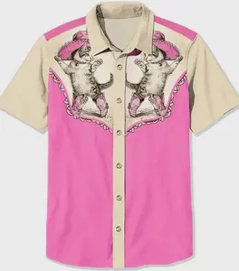 Vintage Western Fun Cat Cowboy Hawaiian Shirt Short-sleeve Button-down Cat Lover Gift