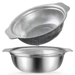 Stainless Steel Colander, 5QT Large Capacity with Mixing Bowl, Rice Washing Bowl with Strainer for Washing Vegetables, Fruit, Spaghetti, Pasta Strainer, Dishwasher Safe(2PC)