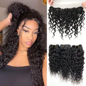 Wholesale New Fashionable 3 Bundles Arkaiesha Water Wave Human Hair Weave with 13x4 Lace Frontal - Natural Black Remy Hair Extensions, Voluminous Waves, 352g, Perfect for Styling and Volume, Stylish Hair Accessory |   Natural Hair Texture |   Secure Fit L
