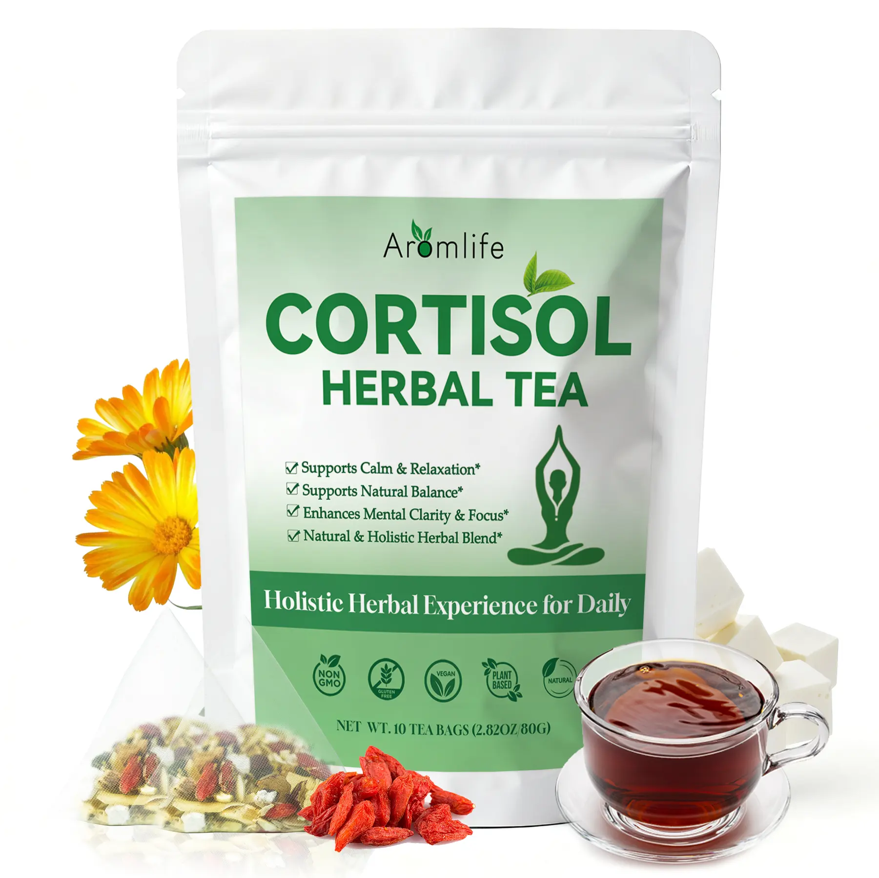 Organic Cortisol Tea Support Mental Clarity, Natural Cortisol Manager Tea for Women Men Support Relaxation, Sleep & Focus, 10 Teabags Loose Leaf Teas with Chamomile, Cortex Albizziae & Mulberry ﻿