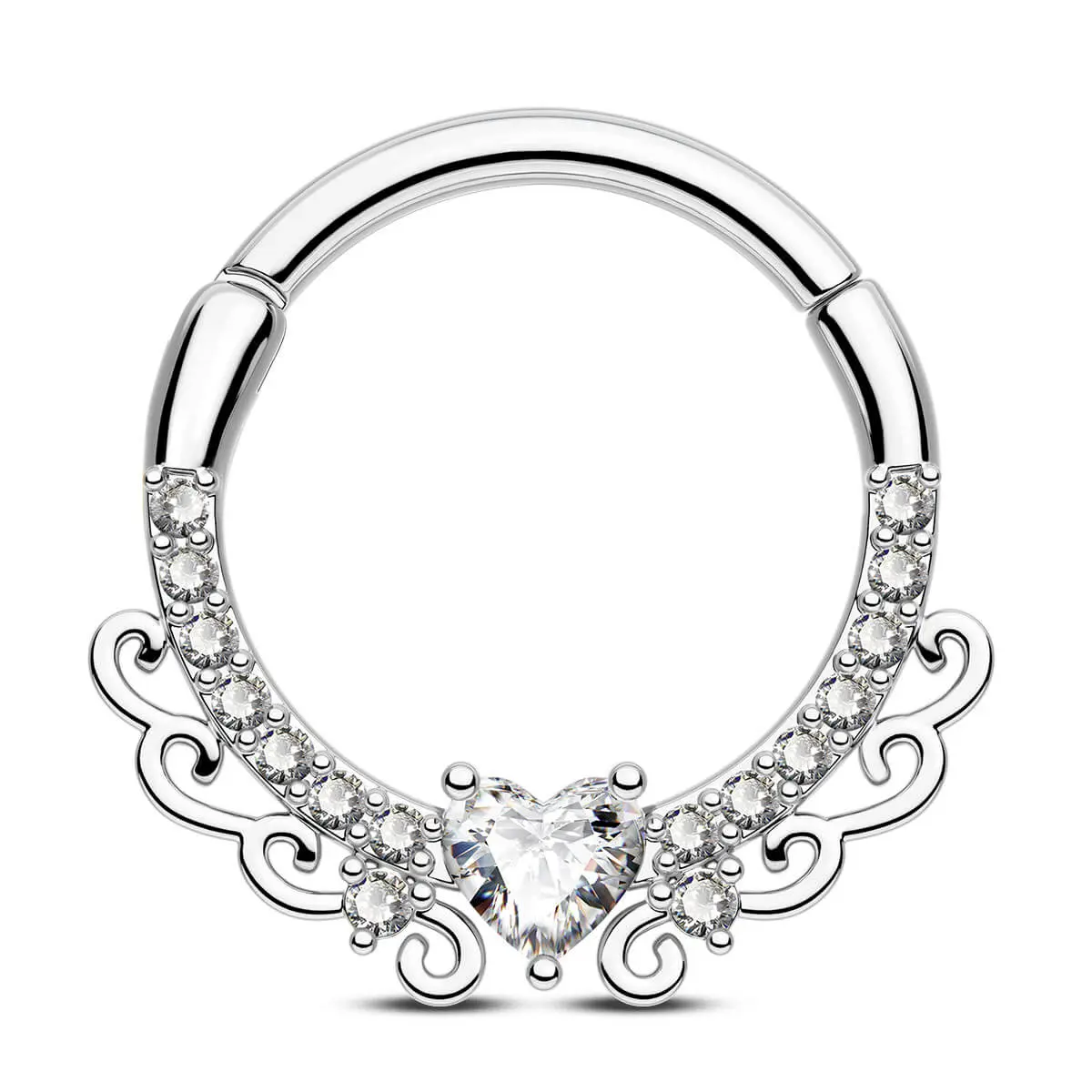 Oufer 16G Hinged Segment Septum Piercing Ring, Elegant Heart CZ Hinged Piercing Hoop for Body Jewelry
