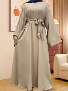 Women's Solid Color Belted Lounge Dress, Casual Long Sleeve Open Front Nightgown for All Seasons, Ladies Sleepwear for Indoor Wear