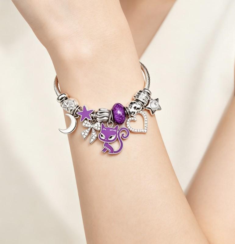 Open Bangle Twisted Cable Wire Bracelet, Purple Cat Moon Star Heart Rhinestone Charms Bangle, Adjustable Flexible Cuff Jewelry Gift for Women Girls