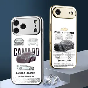 C-ChevroletS C-Camaro Luxury Fashion Sports car cool Phone Case For iPhone 17 16 15 14 13 12 Pro Max Plus Electroplated Metal Bumper Case Slim Tempered Glass Back Shockproof Anti-Scratch Protection Luxury cover Fashion Durable Stylish Funda Accessories