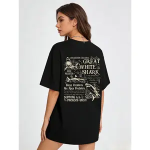 Women's Casual Round Neck Short Sleeve T-Shirt with Slogan and Shark Print Cap Sleeve Tops Basic Cotton Tee Shirts Summer Casual Crew Neck Trendy Clothes 2026 Fashion