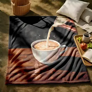 1 piece Pouring hot milk into a cup of coffee scene themed flannel blanket - Microfiber comfortable flannel sofa blanket, suitable for beds and sofas, all-season use, modern design, digitally printed pattern, 100% polyester material, machine