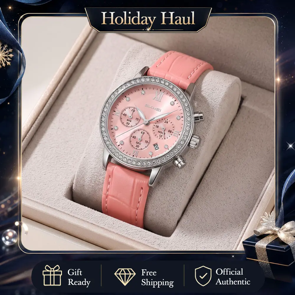SKMEI Women's Classic Quartz Wristwatch with Leather Strap, Fashionable Round Analog Dial, Calendar, Stopwatch, Lightweight, 30M Water Resistant, Fashionable Stylish Watch, Quartz Wrist Watches, Clasp, Multifunctional Watch