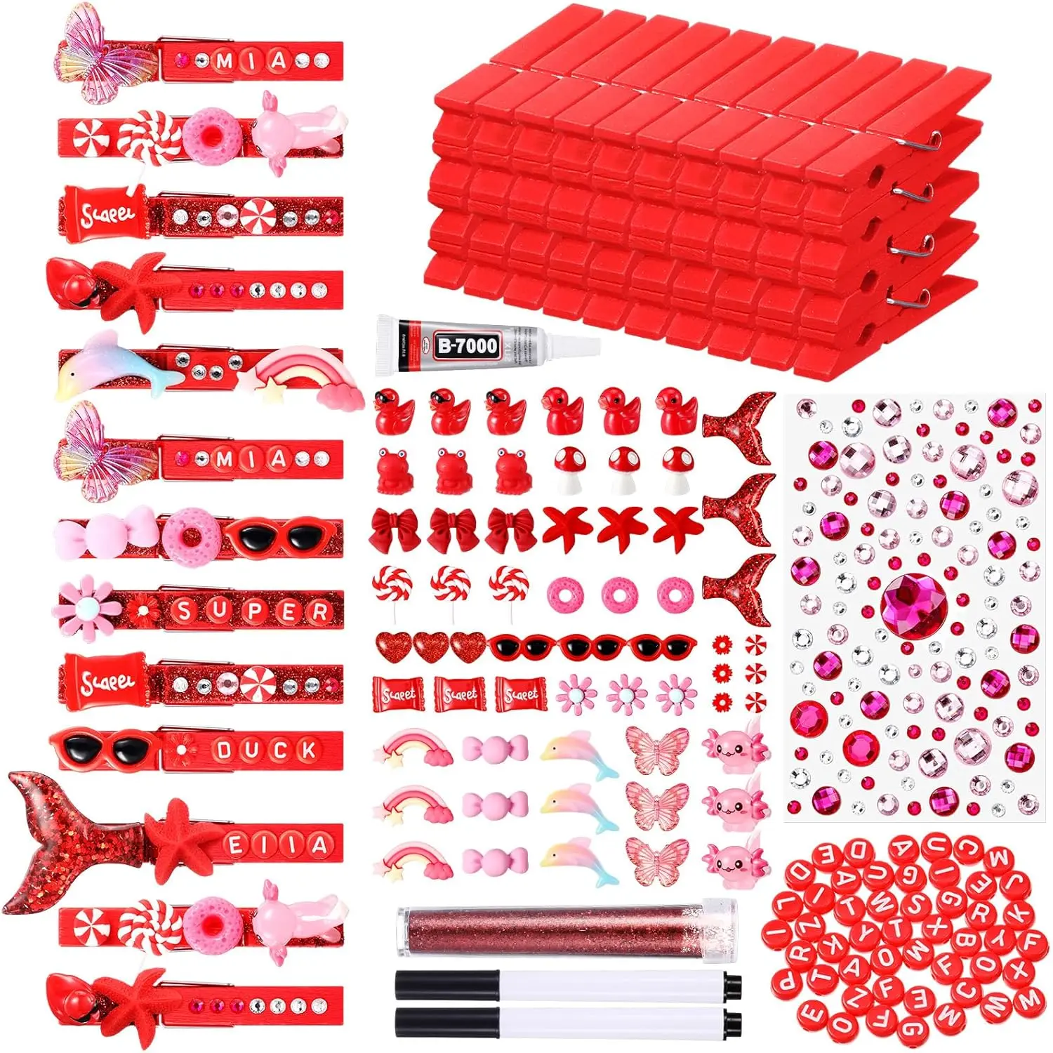 50 Sets Cheer Pins Spirit Clips Clothes Wooden Cheer Pins for Backpack Mini  Duck Mini Bows Clothespins Decor for Cheerleading Backpacks Gifts DIY Craft Accessories (Red)