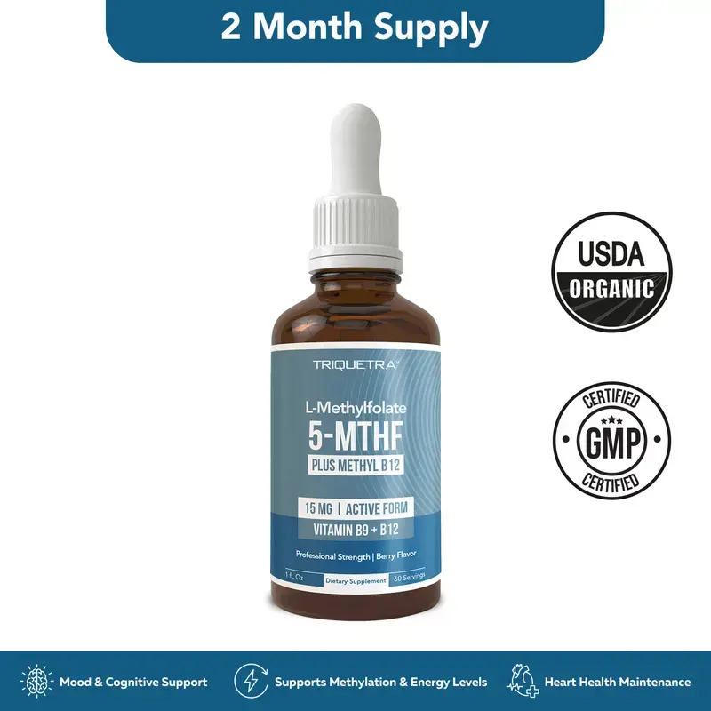 L- Methylfolate 15mg + B12 Pro Strength, Liquid 5-MTHF Form, Supports Mood, Methylation, & Cognition Supplement Energy Levels Vitamin Methylcobalamin