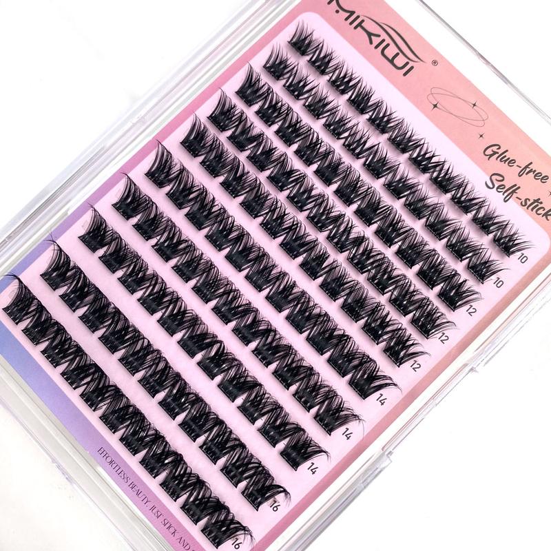 MIKIWI D Curl 110PCS Lash Clusters Wispy Glue Free Eyelash Extensions Fluffy Self Adhesive Individual Lashes 10-16mm Mix Length Natural DIY Cluster Lashes With Soft Thin Band