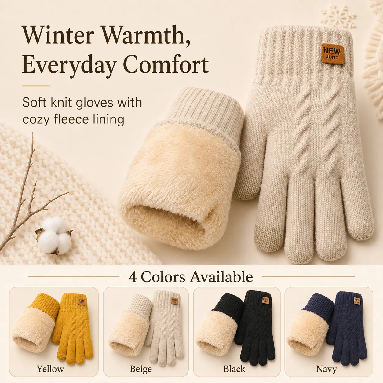 New Womens Winter Thick Double‑Layer Knit Gloves, Fleece‑Lined Warm Solid‑Color Touch‑Screen Gloves for Wholesale
