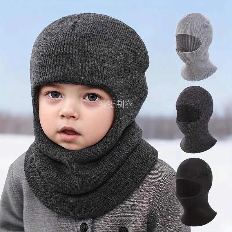 Kids' Snug Stretch Knit Balaclava Hat - Outdoor Accessories, Face & Neck Warmer for Boys Girls, Ideal for Hiking, Skiing, Solid Black, Dark Gray