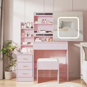 Vanity Desk with Mirror and LED Lights, Makeup Vanity Desk with Sliding Lighted Mirror, Charging Station, Dressing Table with 4 Drawers, Storage Shelves & Cushioned Stool for Bedroom, Pink