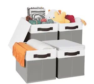 Criusia Storage Bins with Lids, 4 Pack Fabric Storage Cubes for Shelves, Collapsible Closet Organization and Storage Bins with Handles for Clothes, Toys, Towels & Linen, Grey