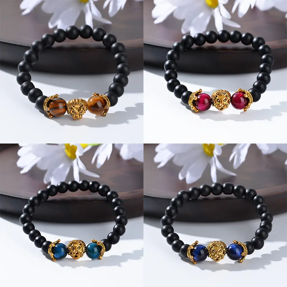 Handmade stretch beaded bracelet, Black frosted beaded bracelet, Blue Tiger Eye Stone, Rose Tiger Eye Stone, Green Tiger Eye Stone Lion Head bracelet, Fashion gem bracelet, Men's jewelry bracelet