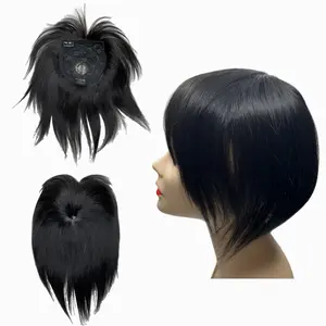 100% Human Hair Topper For Women Clip In Hairpieces With Thick Bangs Hair Crown-Part Invisible Natural Straight Wiglets for Mild Hair Loss 10inch 40g