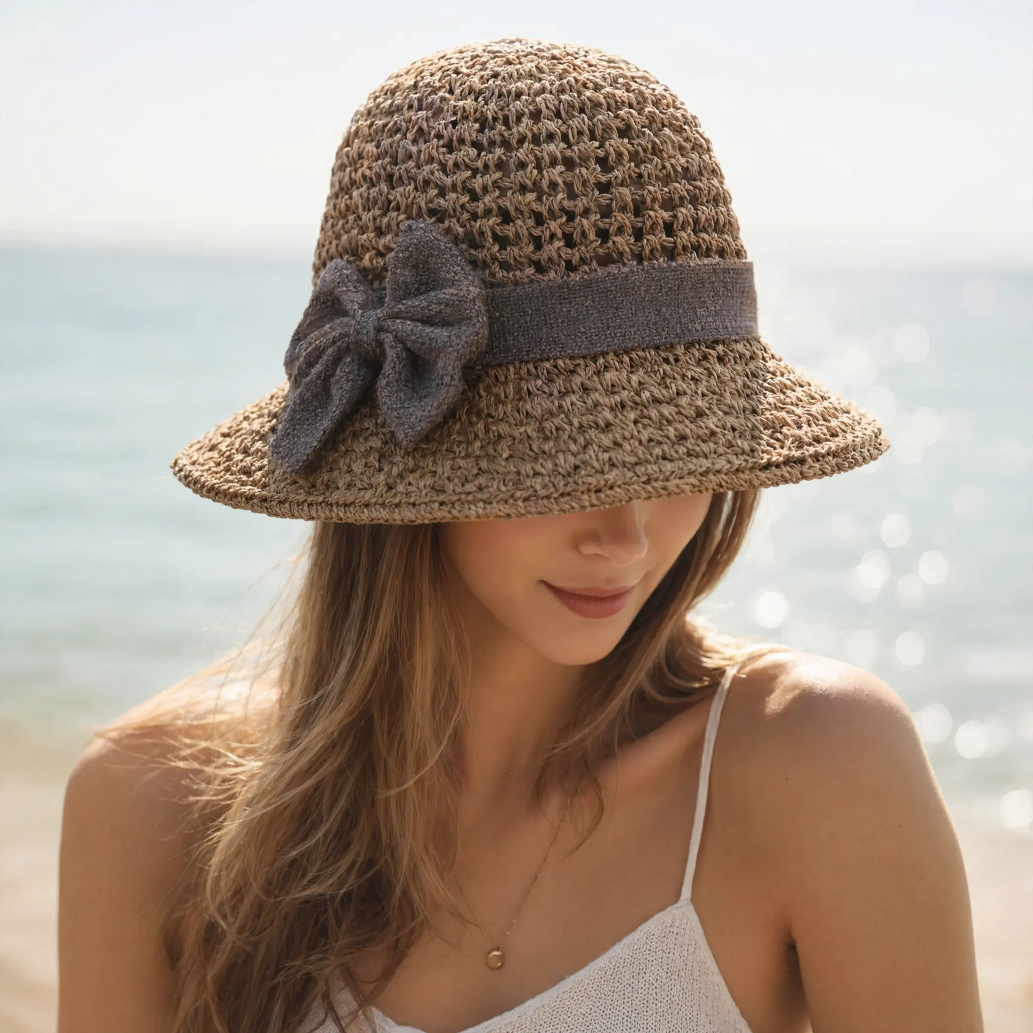 Women's Hand-Knitted Straw Rope Sun Hat - Wide Brim, Round Top, Foldable, Lightweight, Packflat Fold, Portable, Casual Daily Outdoor Beach Summer Fashion Accessory Hat