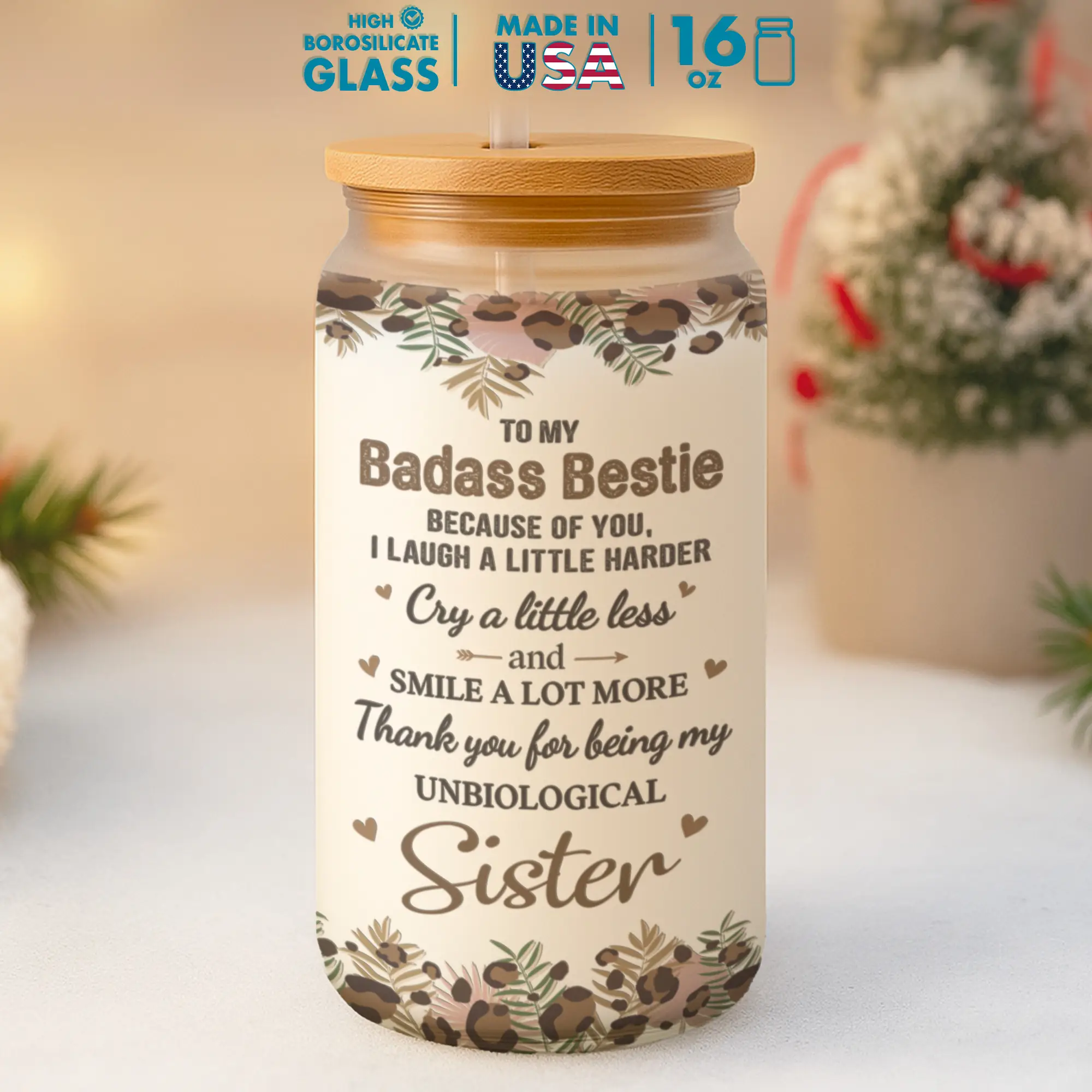 Gift - To My Bestie 16 Oz Iced Coffee Glass Cup With Lids & Straw, Funny Birthday Gifts for BFF, Soul Sister, Work Bestie, Bottle Drinkware