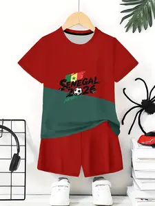 Senegal Football Theme Sports Set, Youth Soccer Style Round Neck Short Sleeve Shorts Two-Piece, Casual Slim-Fitting