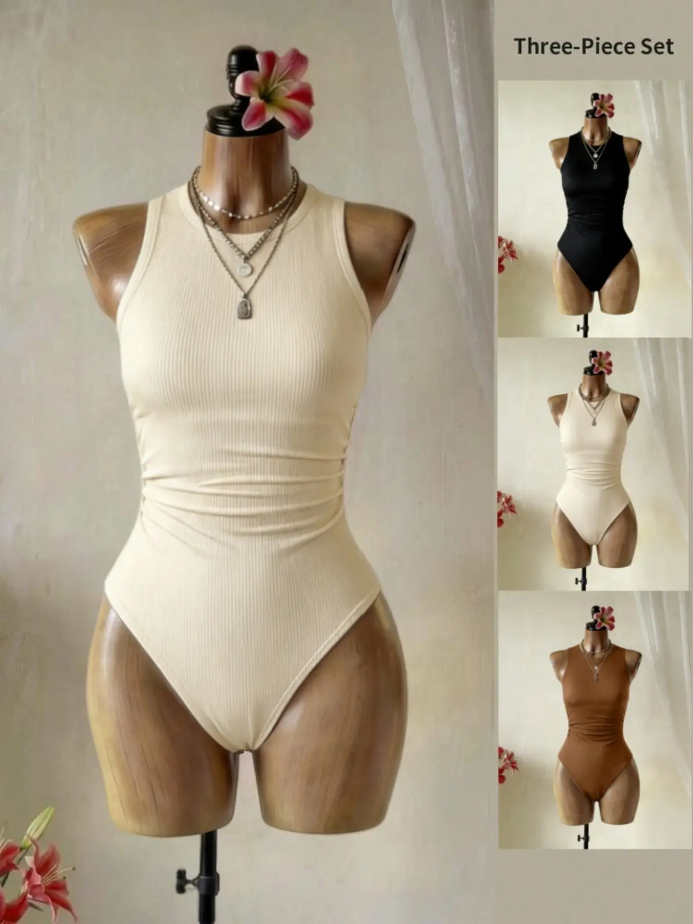 3-Pack Women's Sleeveless Tight Shirts, Ruched Waist Slimming Fit Tank Tops, Daily Wear Basic Bodysuits, Waist Shaping Bodysuit, Comfortable & Stylish