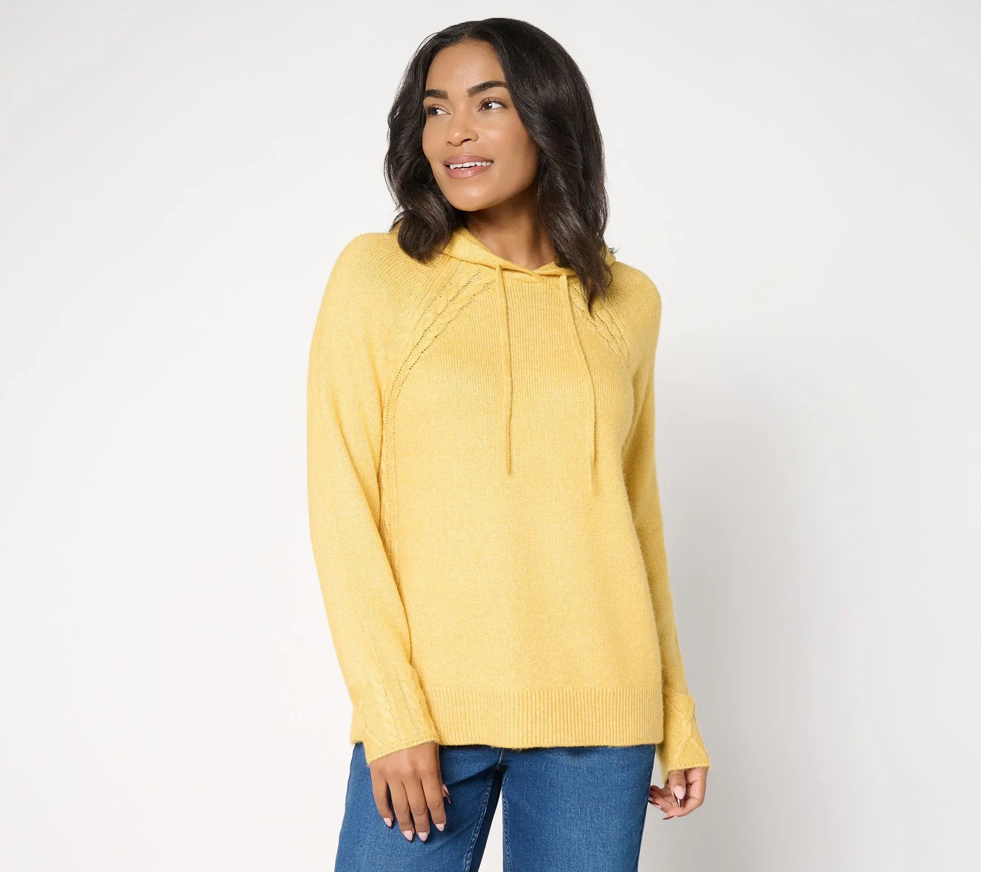 LOGO by Lori Goldstein Raglan Sleeve Hooded Sweater with Cable Trim